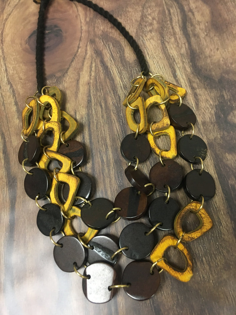Mustard Yellow and Brown Wooden Bead Necklace