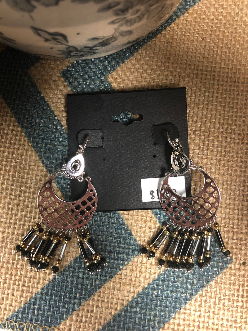 Silver Crescent with Black Bead Fringe Earrings