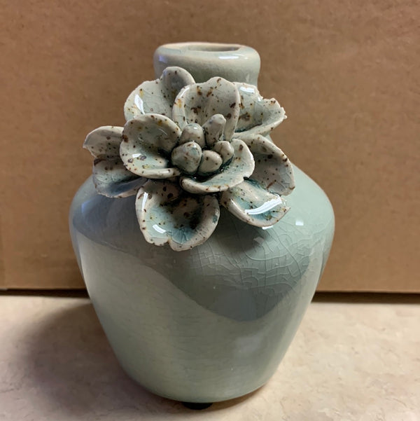 Light Blue Ceramic Vase with Raised Flowers