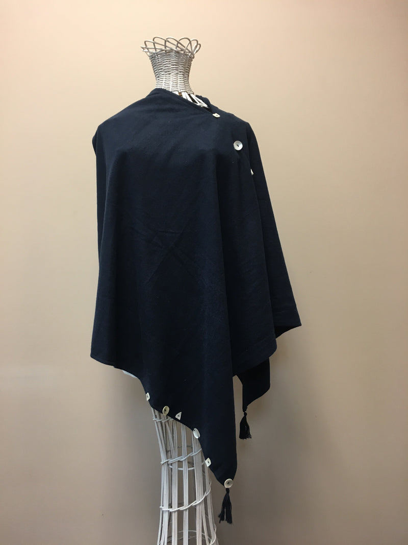 Navy Poncho with Button Trim and Tassels