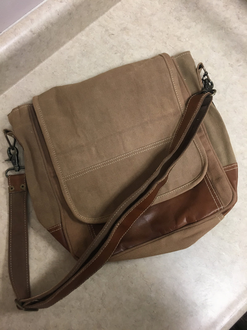 Brown Canvas Messenger Bag with Leather Pocket